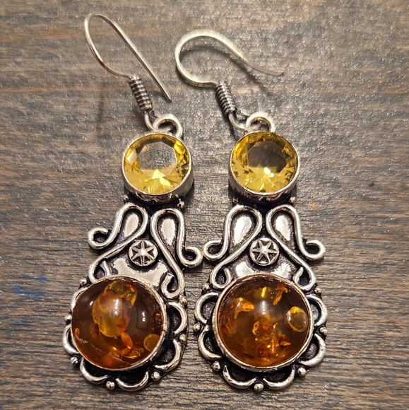 Amber citrine dangle earrings Sterling plated - Picture 2 of 4